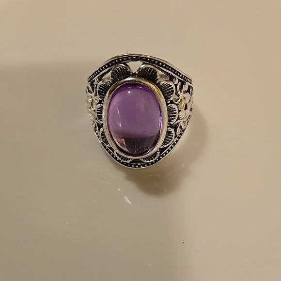Vintage Alloy & Crystal Silver-toned Purple Amethyst Ring Floral Design Size 8 - Picture 7 of 7